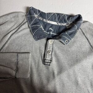 Tommy Bahama Mens XXL‎ Gray Striped Button Mock Neck Long Sleeve Shirt